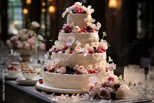 Majestic wedding cake adorned with charming details and couple at the top., generative IA