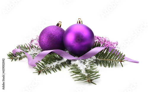 Violet nacre glow glitter Merry Christmas balls on white background.