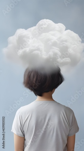 A back view of a young lady with a dark cloud on top of her head. Mental Health concept.