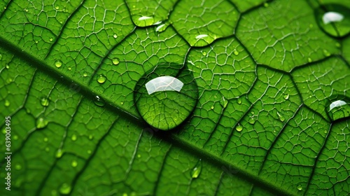 Beautiful drops morning dew in nature. Drops of clean transparent water on leaves. Texture of a green leaf close-up. Beautiful nature backdrop. Illustration for cover, interior design, decor or print.