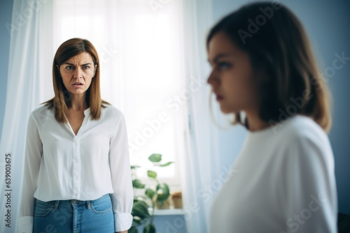 Close up upset girl in front and woman behind avoid to talk after quarrel at home, offended teen daughter and middle aged mum argument, two generation conflict concept