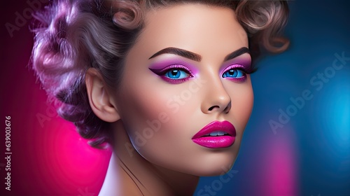 Beautiful woman with creative colorful makeup. Girl with vivid face art in luxurious shades. Fashion or cosmetics concept. Illustration for cover  postcard  interior design or print.