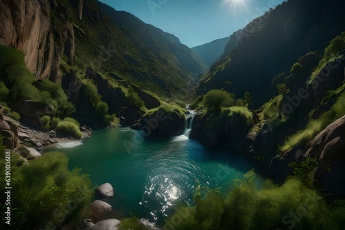 A tranquil canyon with a winding river and lush vegetation