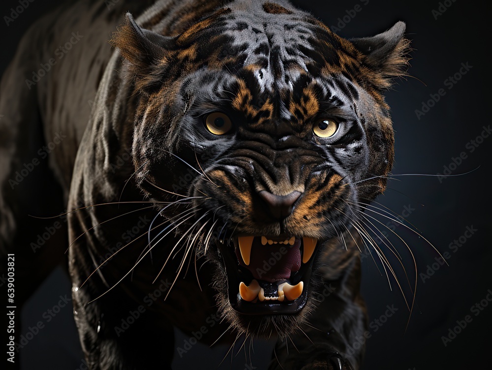 Angry Black panther in water, isolated on dark background - 3d render