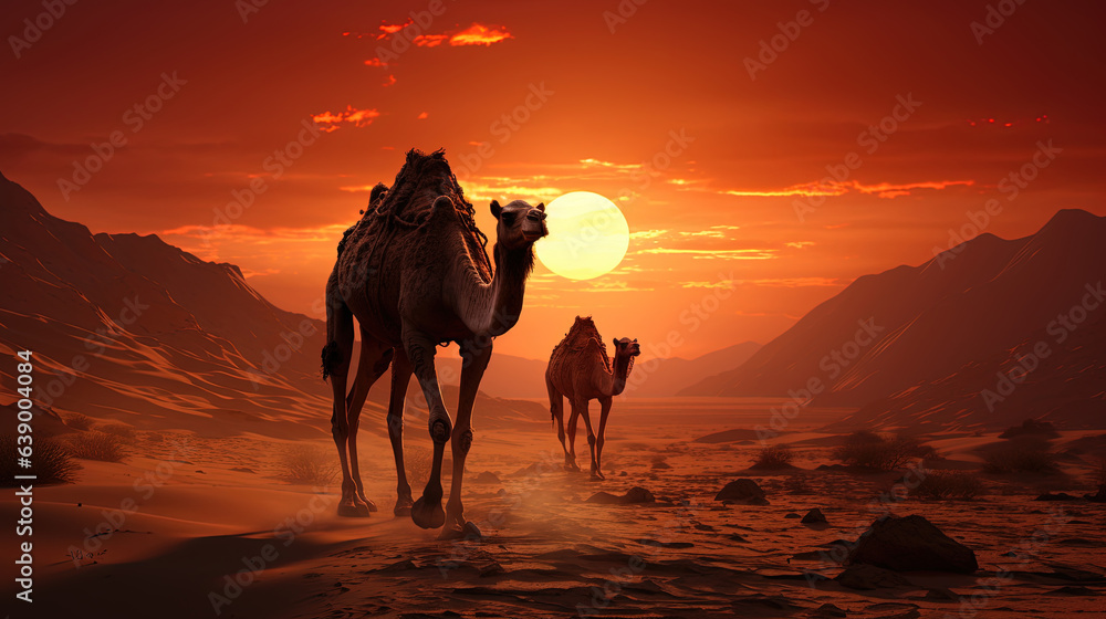 Line of Camels Gracefully Walking on a Sandy Desert During a Stunning Sunset AI Generative Line of Camels Gracefully Walking on a Sandy Desert During a Stunning Sunset AI Generative