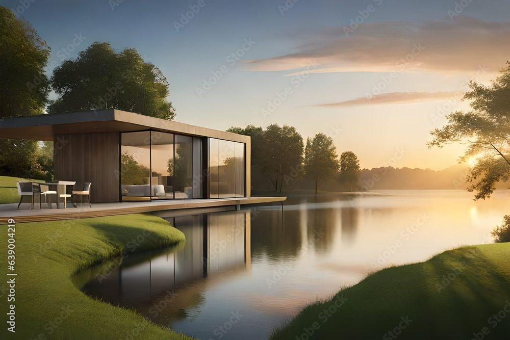 A Modern House in the Park with Lake.