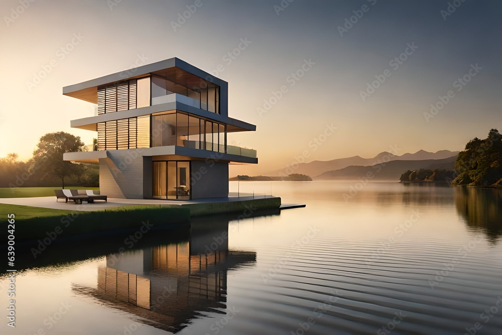 Sunset on the river with a Modern House. Sunset on the river with a Modern House.