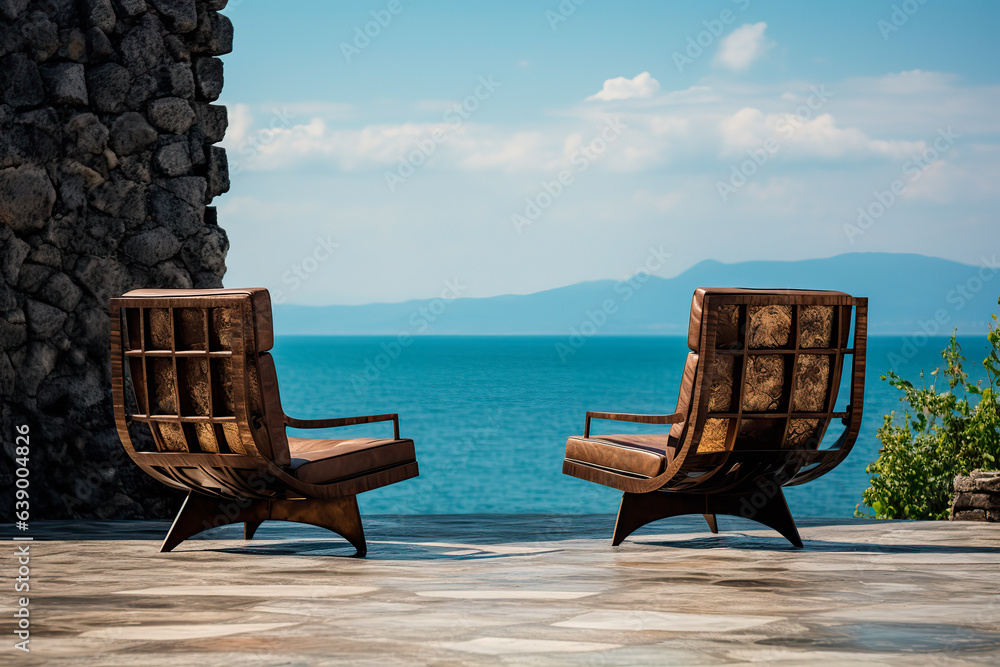 Two outdoor lounge chairs next to sea coast.