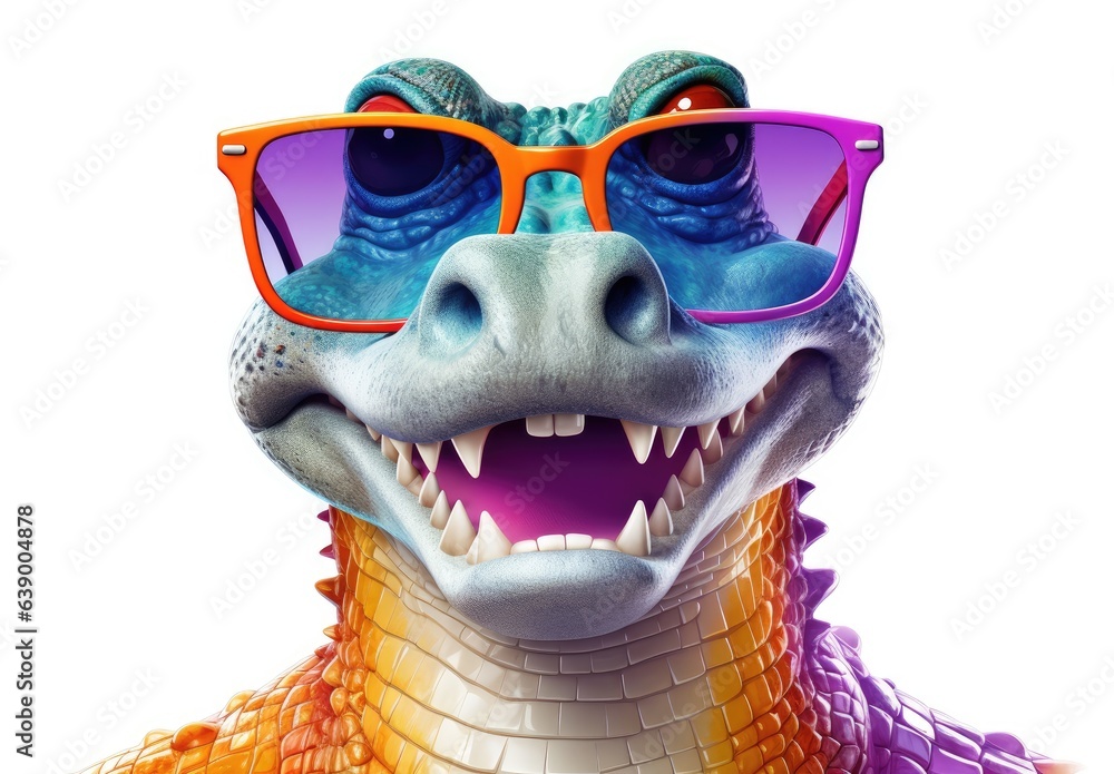 A crocodile with glasses. Close portrait of a stern alligator. Digital art. Animal fashion. Figurine made of plastic or other material. Printable design for t-shirt, bag, postcard, case, etc. - obrazy, fototapety, plakaty 