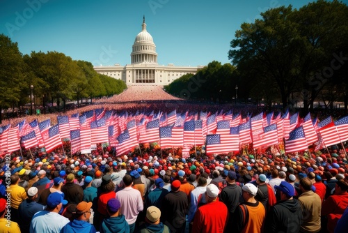 Background blur of crowd at political rally in the United States holding signs and carrying US flags. Upcoming election cycle in 2024 presidential campaigns.