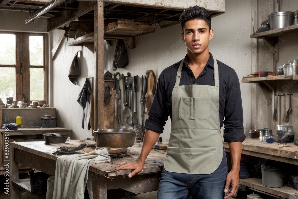 Portrait of latino male mechanic in apron at garage, Auto mechanic standing in a repair workshop. Concept of value of manual labor and the satisfaction from working with one's hand Portrait of latino male mechanic in apron at garage, Auto mechanic standing in a repair workshop. Concept of value of manual labor and the satisfaction from working with one's hand