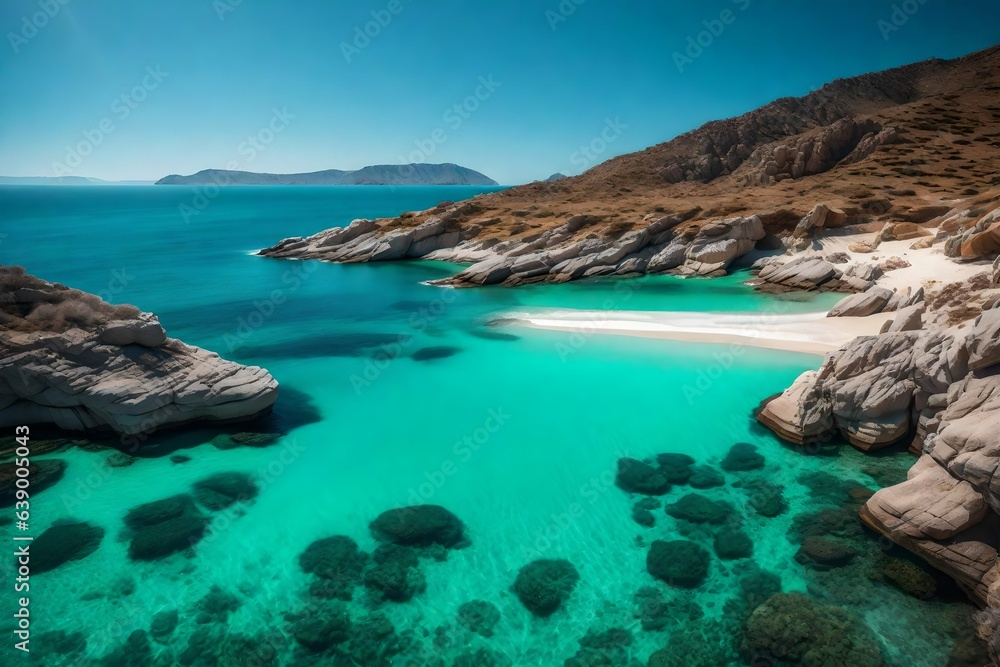 A coastal cove with white sands and crystal-clear turquoise waters