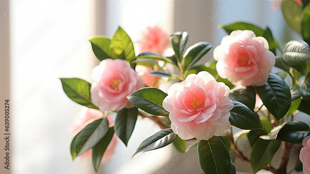 Fototapeta premium Camellia flowers in vase on windowsill, closeup