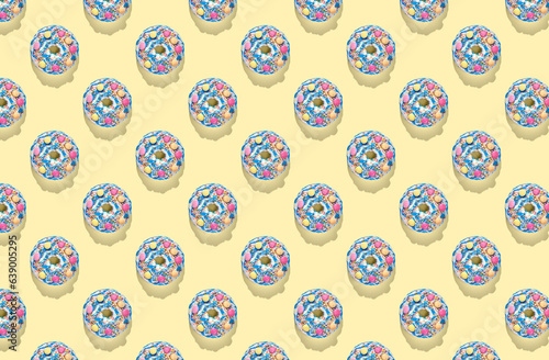 Pattern of blue donuts with glaze on yellow pastel background