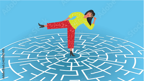 Woman, girl in complicated life decisions. Searching with magnifying glass. Standing on one leg in labyrinth. Strategies and goals. Dimension 16:9. Vector illustration.