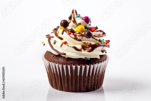 Cupcake with frosting and sprinkles on white background