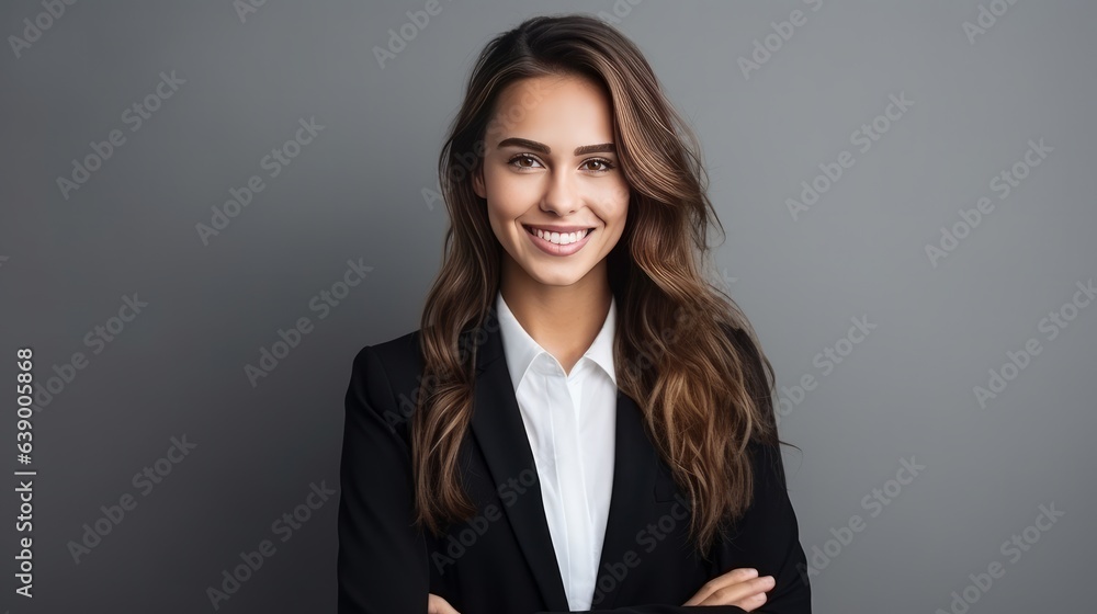 Image of happy young business woman posing isolated over grey wall background Image of happy young business woman posing isolated over grey wall background