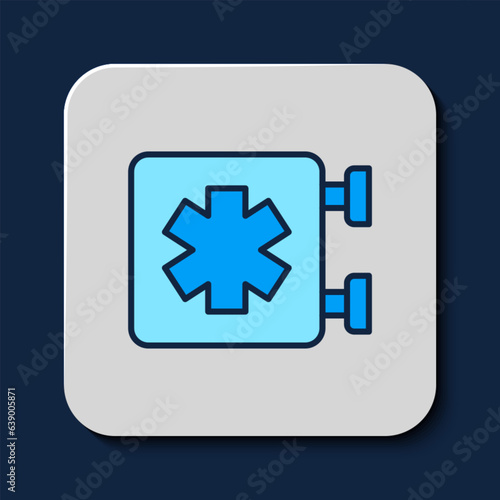 Filled outline Medical symbol of the Emergency - Star of Life icon isolated on blue background. Vector