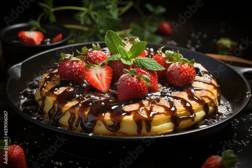 Golden pancake with syrup, chocolate and fresh strawberries., generative IA