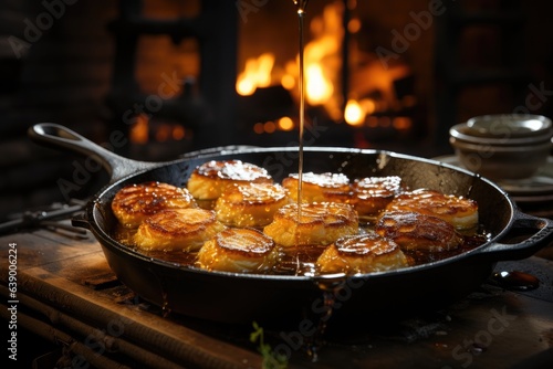 Rustic kitchen, gold pancakes with syrup and fresh fruits., generative IA