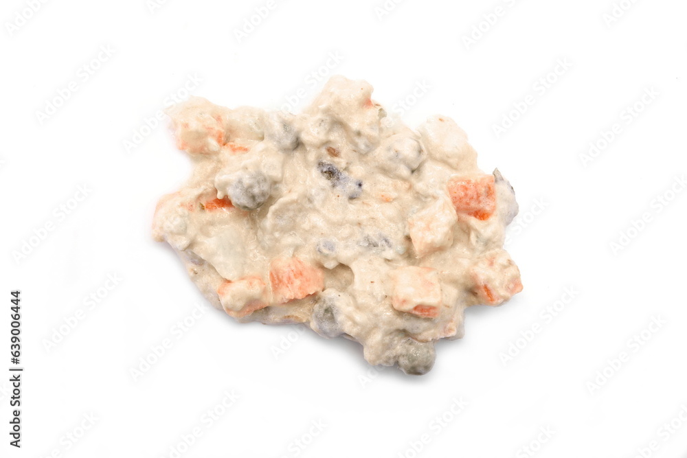 Tuna mayonnaise with tuna flake garnish isolated on white. Tuna spread salad isolated. Tuna mayonnaise with tuna flake garnish isolated on white. Tuna spread salad isolated.