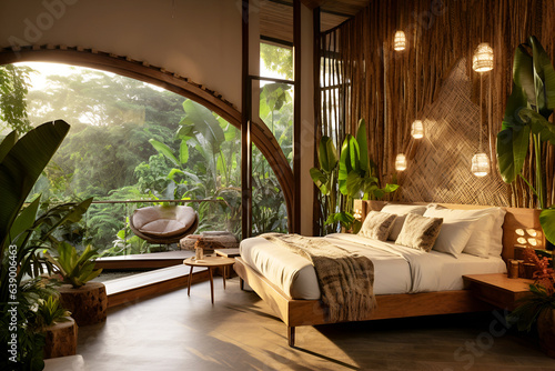 Tela Eco-lodge hotel interior with tropical forest view, creating a serene and relaxi