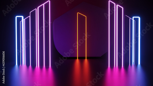 Captivating 3D Render background  Neon Slant Lights in Blue  Pink  and Purple - 80 s Retro Style Fashion Show Stage with Ultraviolet Glow