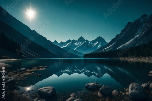 Craft a serene, moonlit scene of a calm lake surrounded by towering mountains
