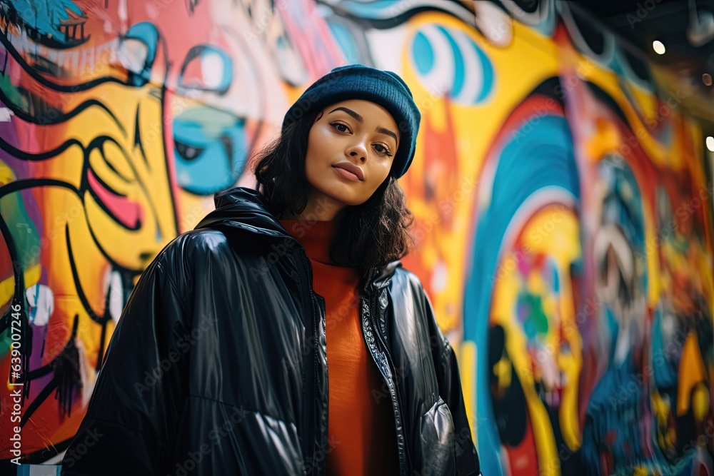 Fototapeta premium a woman wearing jacket with graffiti wall behind, female street fashion portrait, Generative Ai