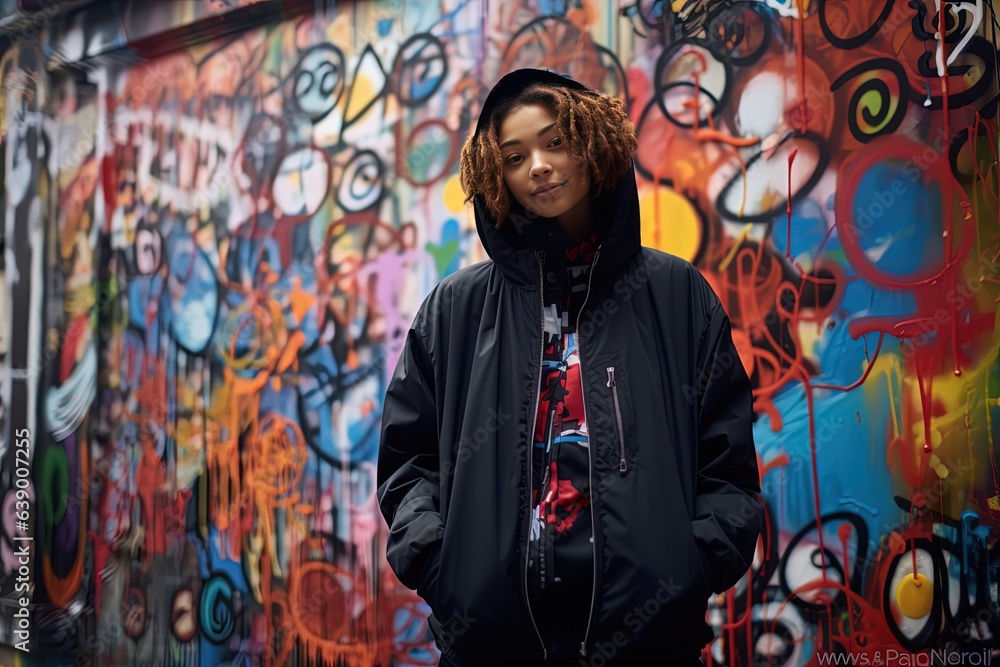 a woman wearing jacket with graffiti wall behind, female street fashion portrait, Generative Ai a woman wearing jacket with graffiti wall behind, female street fashion portrait, Generative Ai