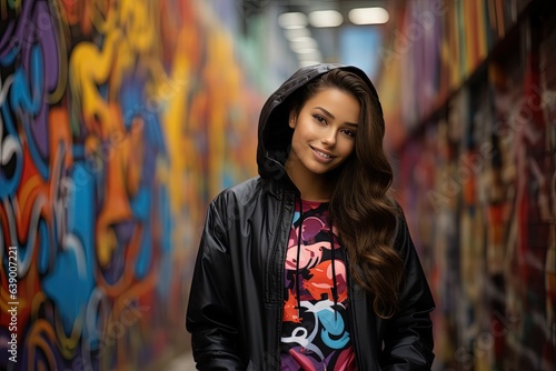 a woman wearing jacket with graffiti wall behind, female street fashion portrait, Generative Ai © QuietWord