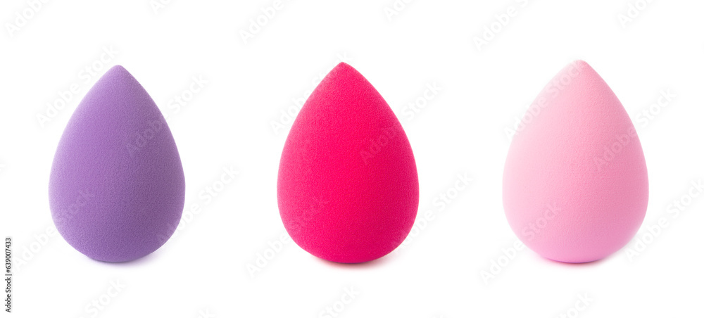 Beauty blender isolated on white background.Bright sponges for make-up cosmetics. Makeup products. Beauty concept. Design. Collage.MOCKUP. 