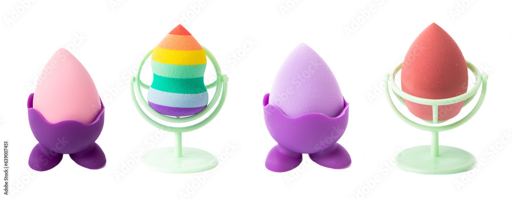 Beauty blender isolated on white background.Bright sponges for make-up cosmetics. Makeup products. Beauty concept. Design. Collage.MOCKUP. Beauty blender isolated on white background.Bright sponges for make-up cosmetics. Makeup products. Beauty concept. Design. Collage.MOCKUP.