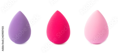 Beauty blender isolated on white background.Bright sponges for make-up cosmetics. Makeup products. Beauty concept. Design. Collage.MOCKUP. 