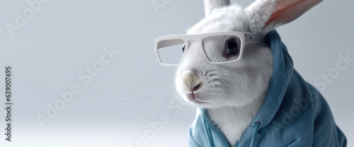 Portrait of a white rabbit in transparent glasses looking into the camera on an isolated gray background. Cute rabbit in a warm cyan hoodie. Panoramic copy space. Generative AI.