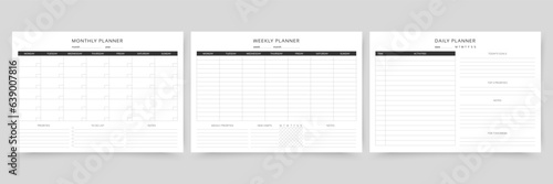 Planner for month, week and day. Set of monthly, weekly, daily timetables. Week starts Monday. Empty schedule. Journal page template. Homework organizer. Simple blank of diary. Vector illustration.