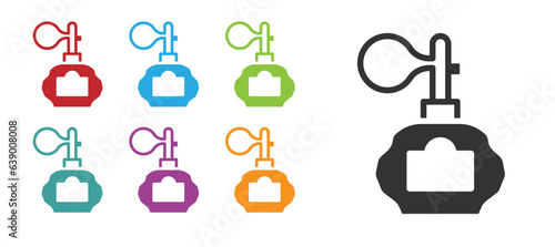 Black Aftershave bottle with atomizer icon isolated on white background. Cologne spray icon. Male perfume bottle. Set icons colorful. Vector
