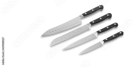 Stainless steel kitchen knives set on white background, space for a text.