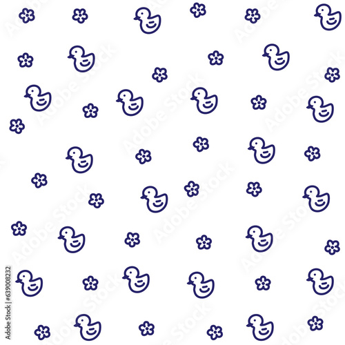 Tiny cute ducky pattern. duck with flower seamless vector illustration. Hand drawing blue outline isolate white background For wrapping paper, wallpaper, and fabric.
