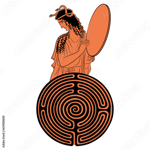 Ancient Greek woman holding tambourine with snakes in her hair and a round spiral maze or labyrinth symbol. Ariadne. Creative mythological design. Isolated vector illustration.