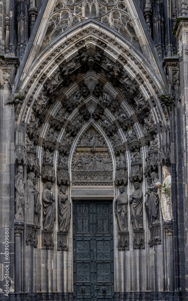 Cologne Cathedral, Germany. Large Catholic Church in the centre of cologne Germany along the banks of the river Rhine. Detail of the cathedral and intricate stone work