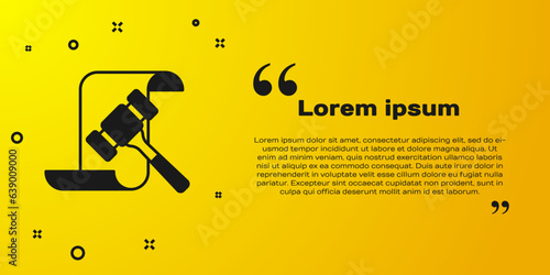 Black Auction hammer icon isolated on yellow background. Gavel - hammer of judge or auctioneer. Bidding process, deal done. Auction bidding. Vector