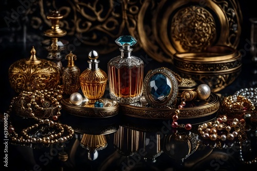 Nostalgia Perfume Bottle Surrounded by Antique Jewelry