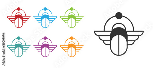 Black Egyptian Scarab icon isolated on white background. Winged scarab Beetle and sun. Set icons colorful. Vector