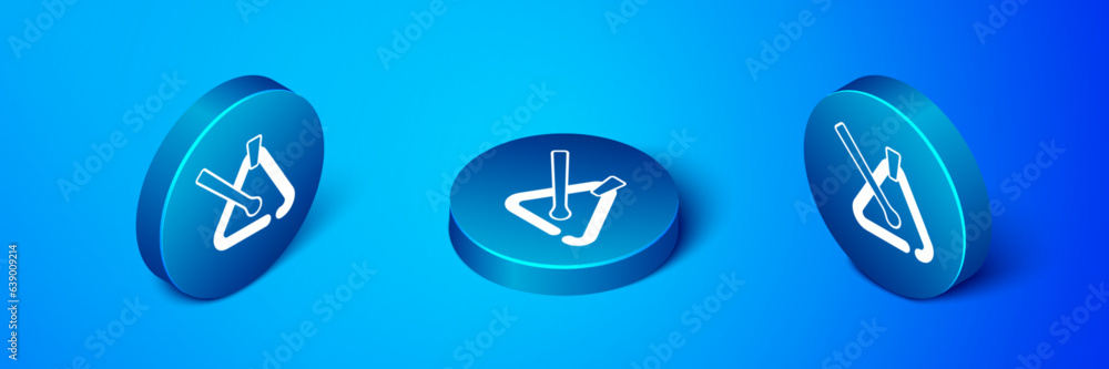 Isometric Triangle musical instrument icon isolated on blue background. Blue circle button. Vector Isometric Triangle musical instrument icon isolated on blue background. Blue circle button. Vector