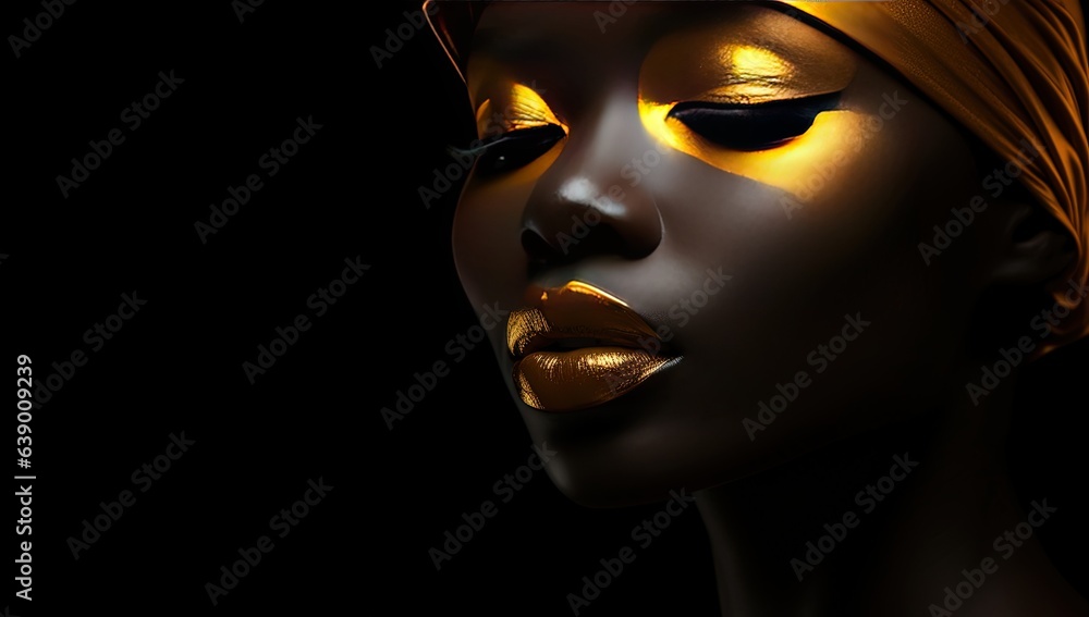 close up cosmetic fashion face shot of African dark skin woman wearing golden make up glow in metallic color, Generative Ai close up cosmetic fashion face shot of African dark skin woman wearing golden make up glow in metallic color, Generative Ai