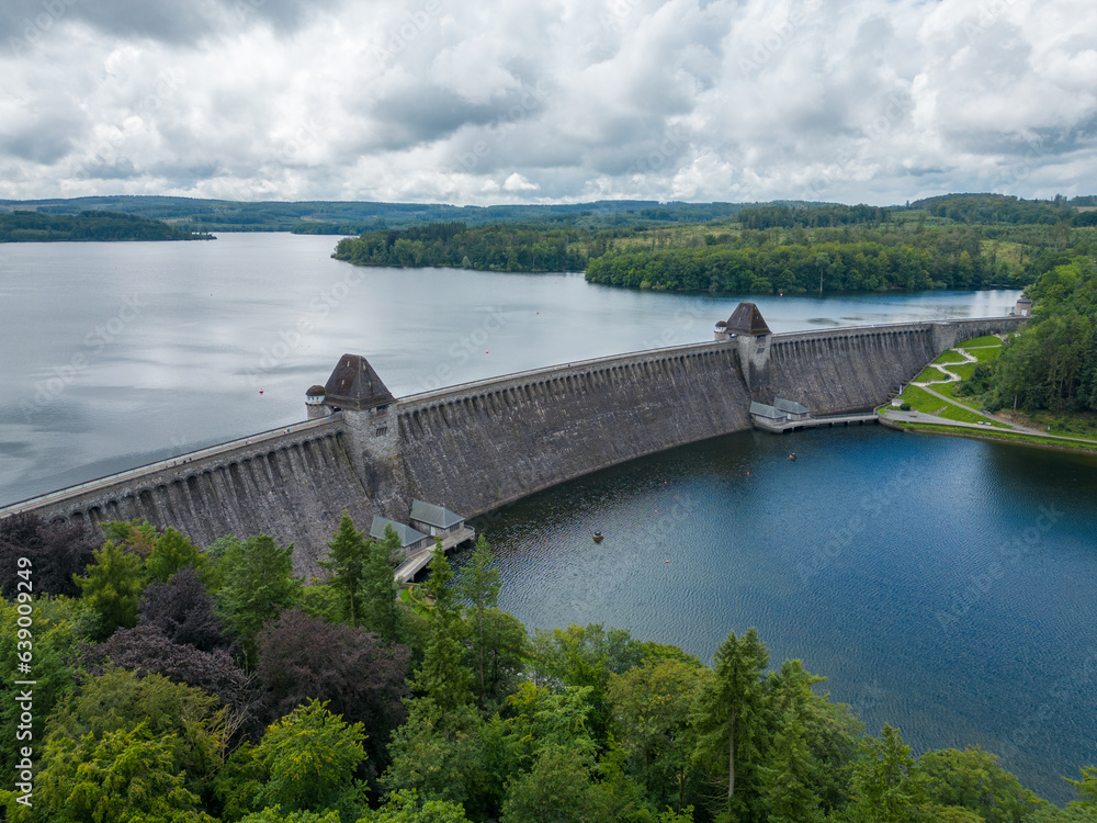 Mohne Dam Germany. Mohnese valley close to the Rhur. Large lake and Dam made famous in World War Two by the Dambusters bombing raids. 