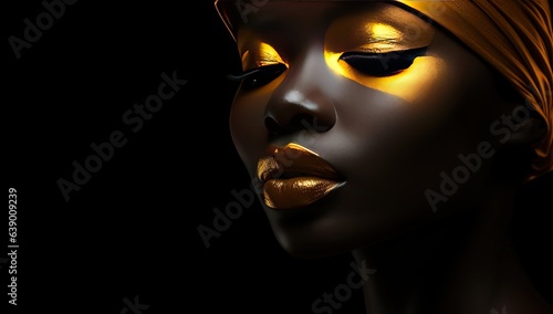 close up cosmetic fashion face shot of African dark skin woman wearing golden make up glow in metallic color, Generative Ai