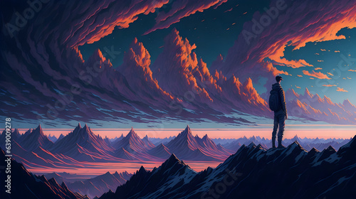 A lone figure standing on a mountaintop, overlooking a vast expanse of snow-covered peaks with a stunning display of colorful clouds filling the sky