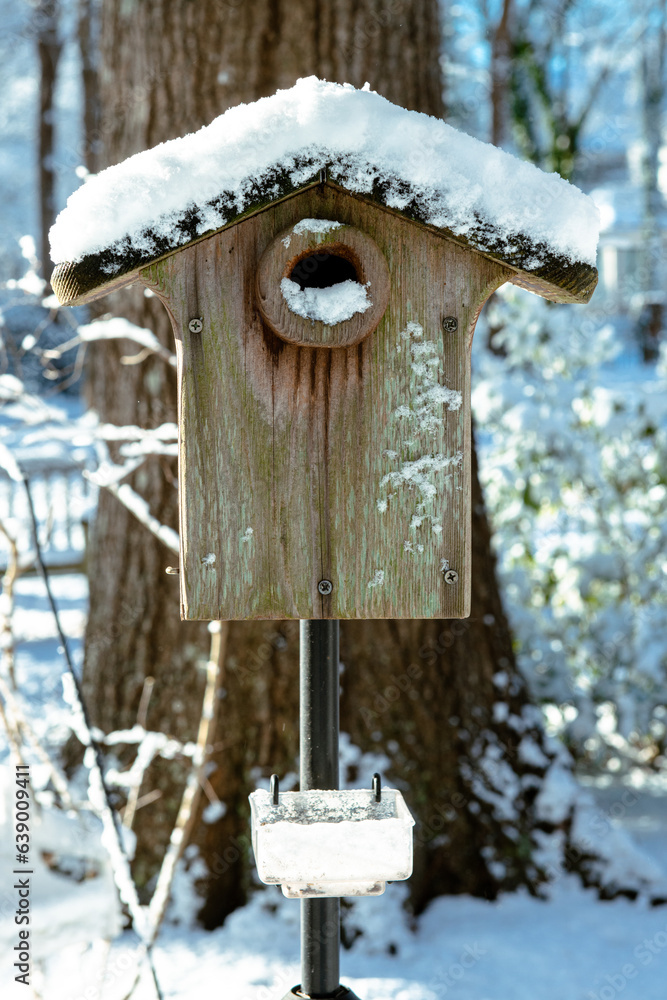 Wood weathered Bluebird box covered in snow on the roof Wood weathered Bluebird box covered in snow on the roof